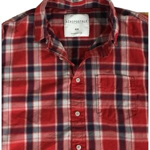 Aeropostale Men Medium Red White Blue Plaid Long Sleeve Button Down Shirt Cotton